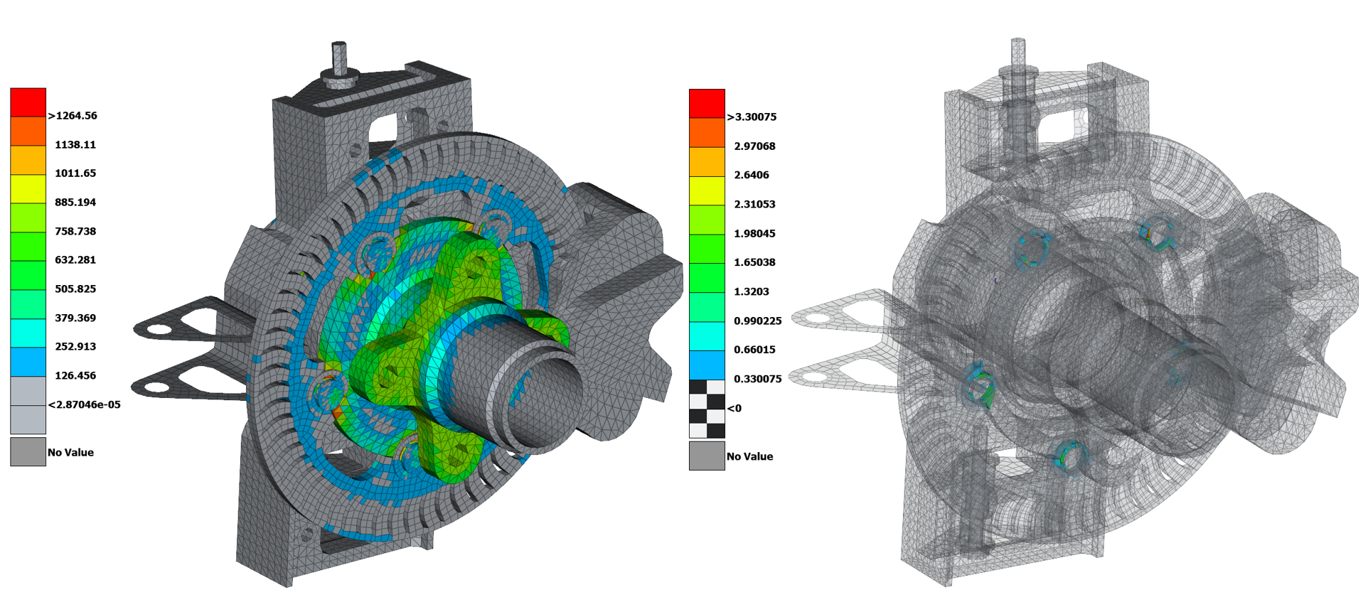 Side-by-side Abaqus/Viewer contour plots: Mises stress on the left, PEEQ on the right, with zero-strain regions shown transparent